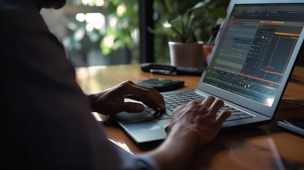 A man in a suit working at a laptop showing financial market charts